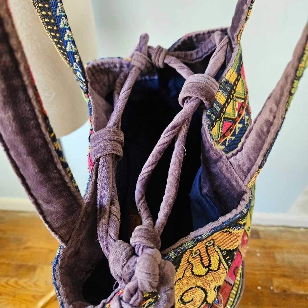 Vtg Laurel Burch Tapestry Tote Bucket Bag Dog Patchwork Sequin Beaded Drawstring - Picture 5 of 7